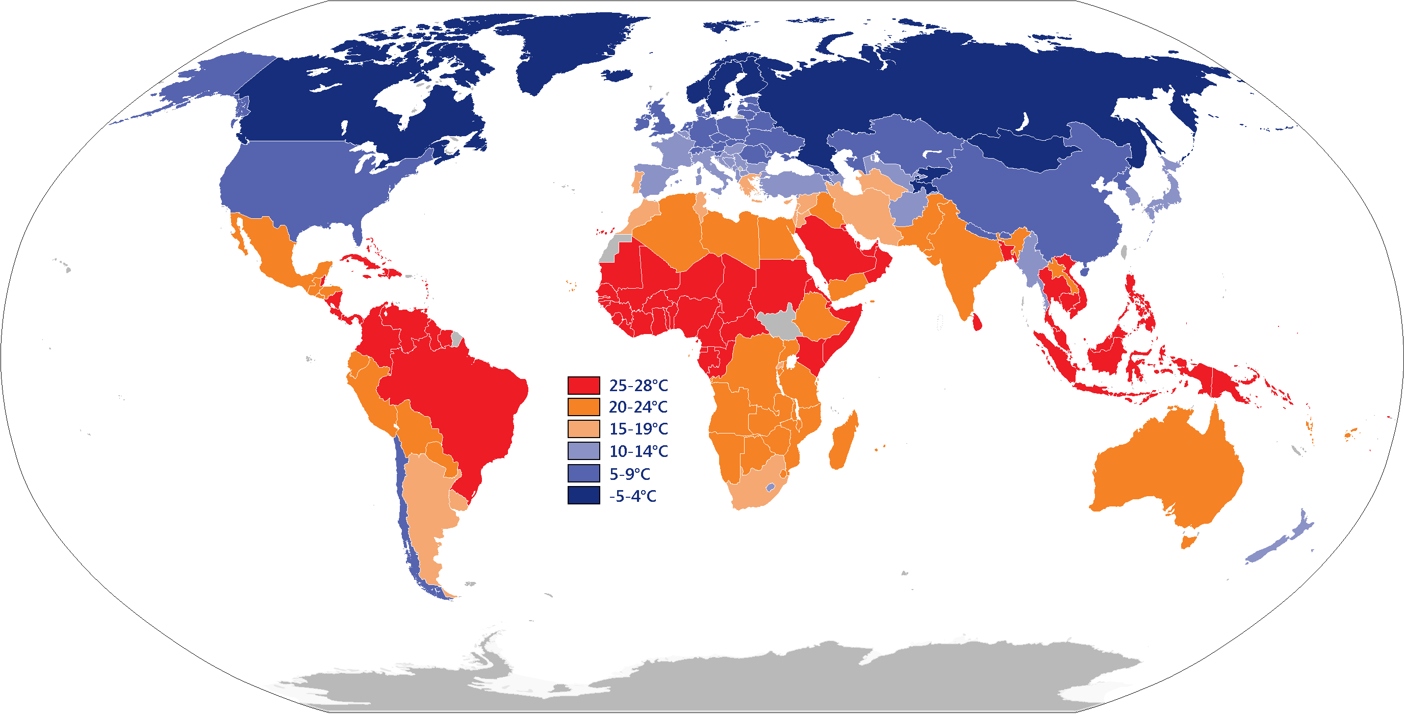 Average yearly temperature per country across the globe, showing that the countries with the highest average temperature are also those with the densest vegetation