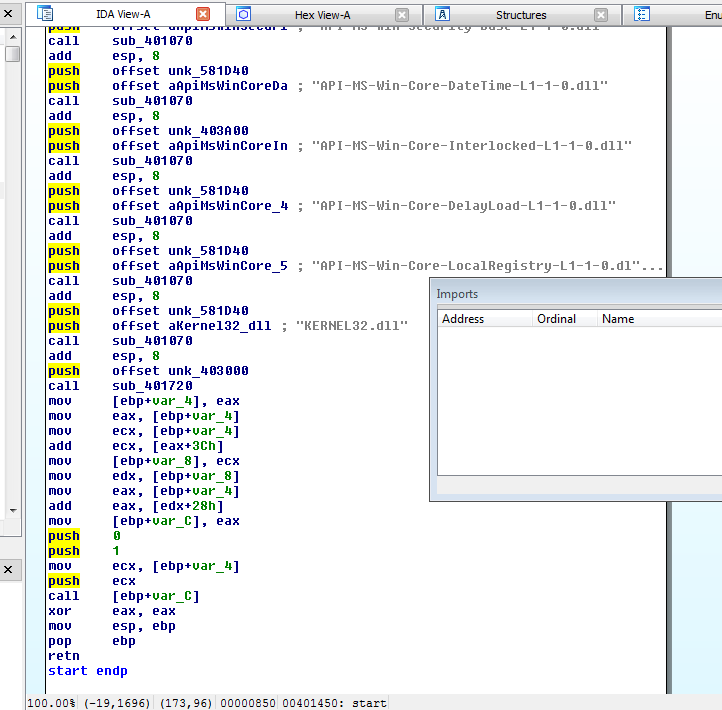 screenshot of hoarded helloworld.exe in IDA, showing no imported functions